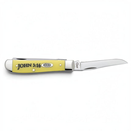 Razor Sharp AZ Case Mini Trapper knife with a yellow synthetic handle featuring John 3:16 text and stainless blades