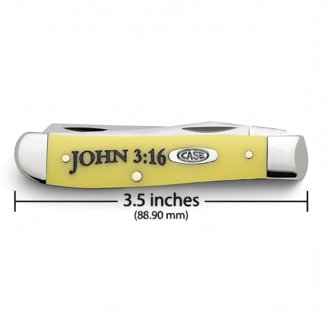 Razor Sharp AZ Case Mini Trapper knife with yellow synthetic handle featuring John 3:16 engraving and steel blades