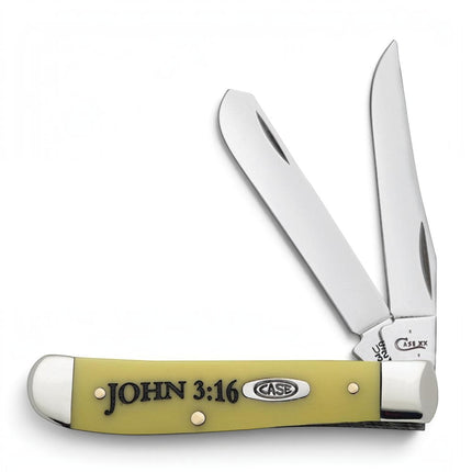 Razor Sharp AZ Case Mini Trapper knife with yellow synthetic handle featuring John 3:16 text and two stainless blades