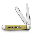 Razor Sharp AZ Case Mini Trapper knife with yellow synthetic handle featuring John 3:16 text and two stainless blades
