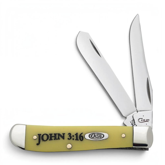 Razor Sharp AZ Case Mini Trapper knife with yellow synthetic handle featuring John 3:16 text and two stainless blades