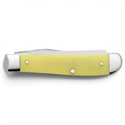 Razor Sharp AZ Case Religious Sayings Mini Trapper knife with a yellow synthetic handle and stainless steel blades.