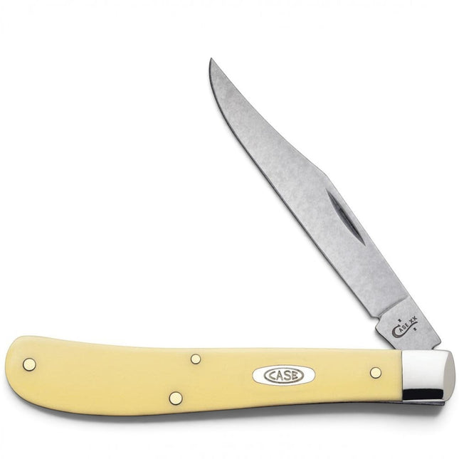 Razor Sharp AZ Case Yellow Synthetic Slimline Trapper pocket knife with a single mirror-polished clip blade.