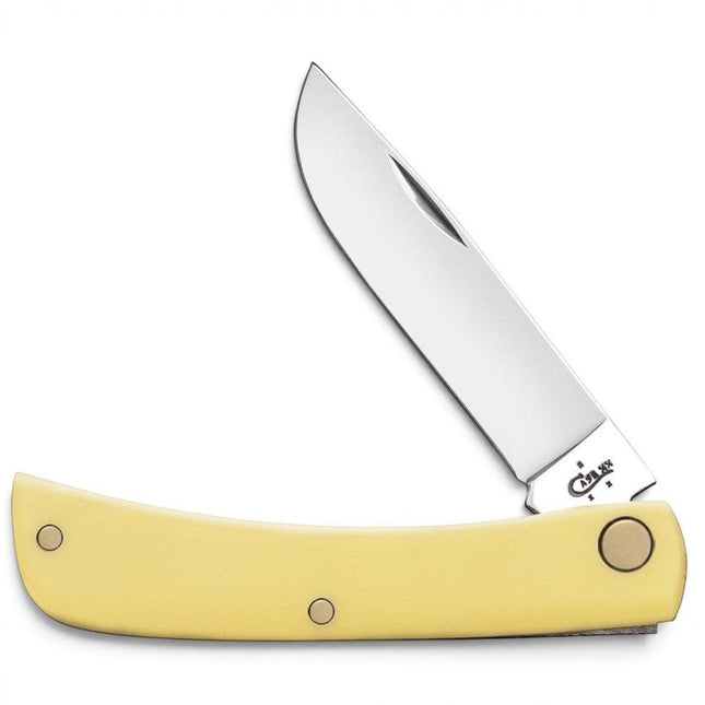 Razor Sharp AZ Case Sod Buster Jr pocket knife with a bright yellow synthetic handle and stainless steel clip blade.