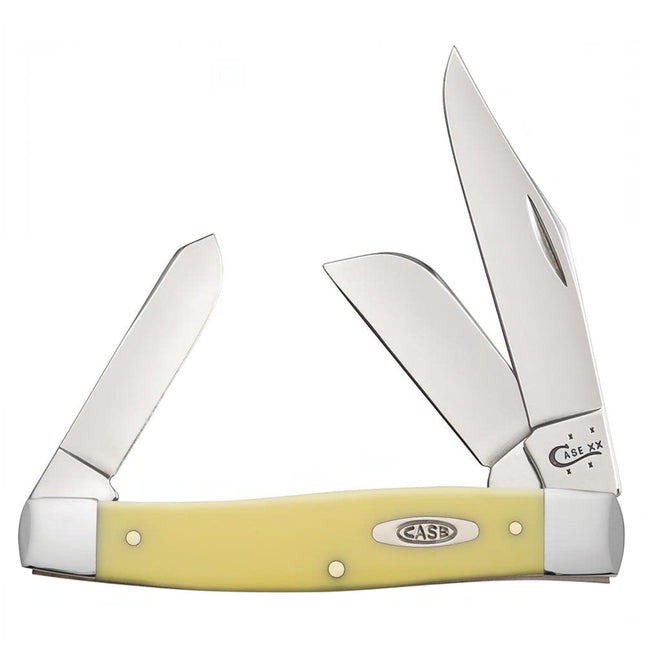 Razor Sharp AZ Case Large Stockman pocket knife with yellow synthetic handle and three carbon steel blades.
