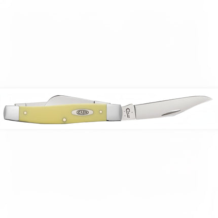 Razor Sharp AZ Case Large Stockman pocket knife with a yellow synthetic handle and three carbon steel blades.