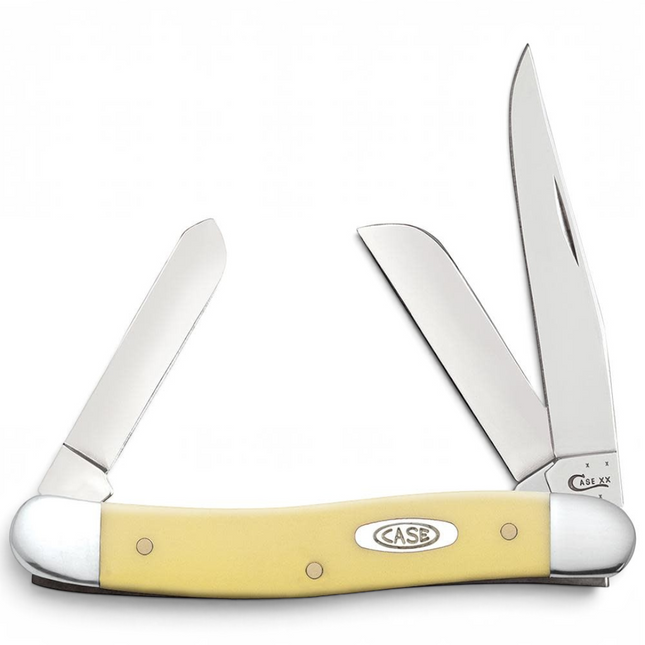 Razor Sharp AZ Case Medium Stockman pocket knife with yellow synthetic handle and three stainless steel blades.
