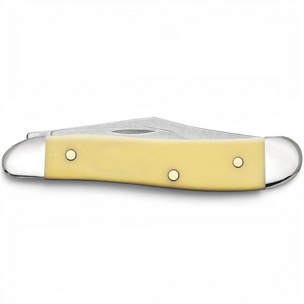 Razor Sharp AZ Case Yellow Synthetic Peanut pocket knife with closed carbon steel blades and a smooth yellow handle.