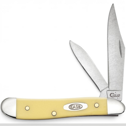 Razor Sharp AZ Case yellow synthetic peanut folding knife with two mirror-polished carbon steel blades open