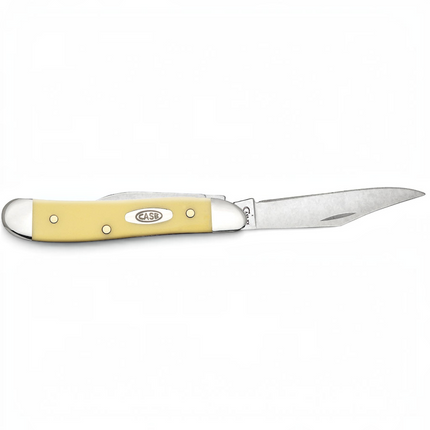 Razor Sharp AZ Case yellow synthetic peanut pocket knife with a mirror-polished carbon steel clip blade