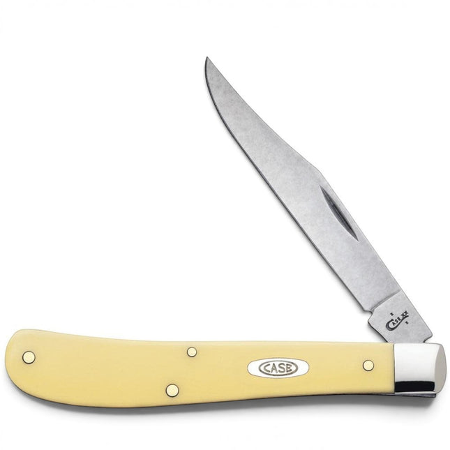 Razor Sharp AZ Case Yellow Synthetic Slimline Trapper pocket knife with a mirror-polished stainless steel clip blade