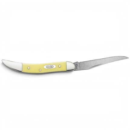 Razor Sharp AZ Case Small Texas Toothpick knife with a yellow synthetic handle and a mirror-polished carbon steel blade