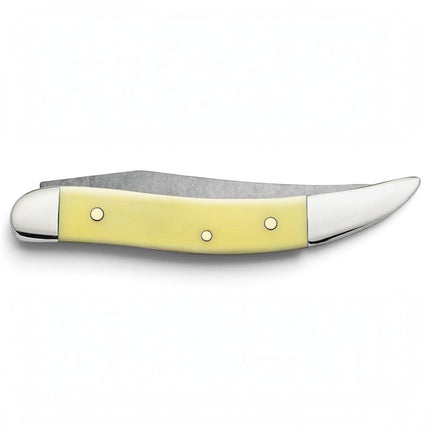 Razor Sharp AZ Case Small Texas Toothpick knife with a yellow synthetic handle and mirror-polished carbon steel blade