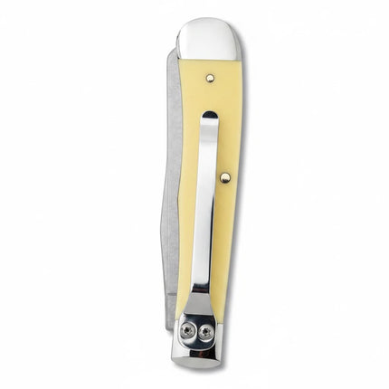 Razor Sharp AZ Case Yellow Synthetic Trapper pocket knife with stainless steel clip and dual blades.