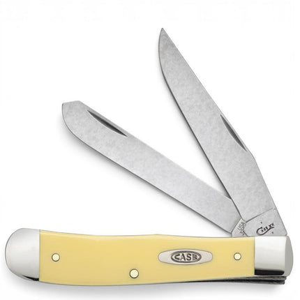 Razor Sharp AZ Case Yellow Synthetic Trapper pocket knife with two stainless steel blades and a bright yellow handle.