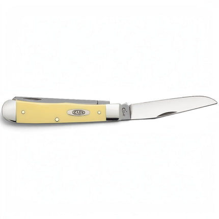 Razor Sharp AZ Case Yellow Synthetic Trapper knife with a bright yellow handle and a single open carbon steel blade.