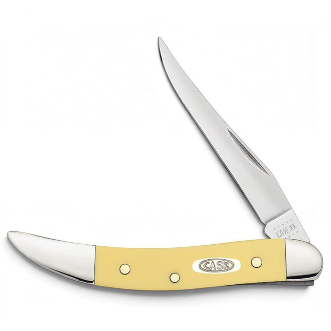 Razor Sharp AZ Case Yellow Synthetic Small Texas Toothpick pocket knife with a mirror-polished clip point blade.