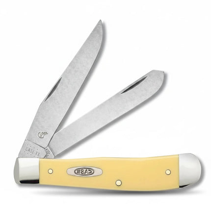 Razor Sharp AZ Case Yellow Synthetic Trapper pocket knife with two stainless steel blades and yellow handle.