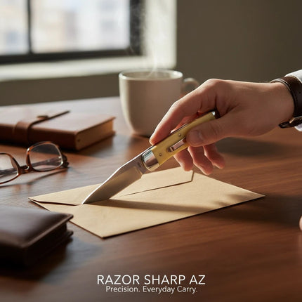 Razor Sharp AZ Case Yellow Synthetic Trapper pocket knife with stainless steel blade opening an envelope on a desk.