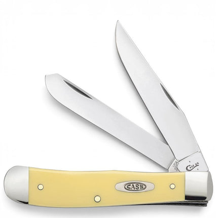 Razor Sharp AZ Case Trapper knife with yellow synthetic handle and two mirror-polished carbon steel blades open