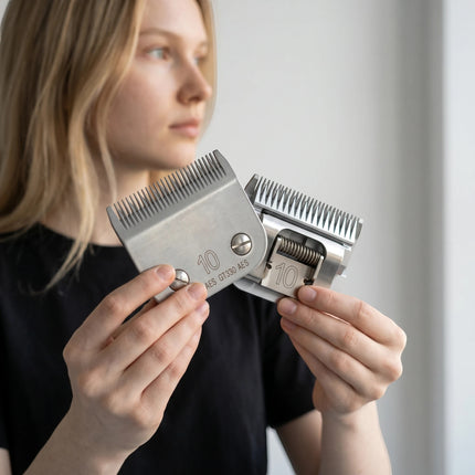 Razor Sharp AZ professional clipper blade sharpening service. Close-up of two silver metal clipper blades held by a woman.