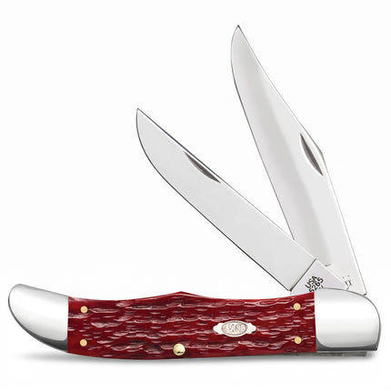 Razor Sharp AZ Case Peach Seed Jig Dark Red Bone folding hunter knife with two carbon steel blades and bolster