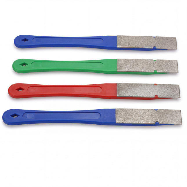 Razor Sharp AZ DMT Dia-Sharp diamond mini-hone set featuring four compact sharpening tools with colorful handles.