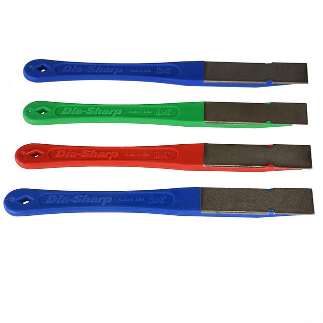 Razor Sharp AZ DMT Dia-Sharp diamond mini-hone set featuring four compact sharpening tools in blue, green, and red.