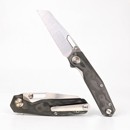 Razor Sharp AZ Divo Knives SmallBoy pocket knife with Black Pearl CamoCarbon handle and satin S90V Wharncliffe blade.