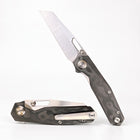 Razor Sharp AZ Divo Knives SmallBoy pocket knife with Black Pearl CamoCarbon handle and satin S90V Wharncliffe blade.
