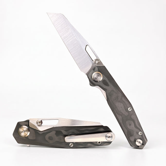 Razor Sharp AZ Divo Knives SmallBoy pocket knife with Black Pearl CamoCarbon handle and satin S90V Wharncliffe blade.