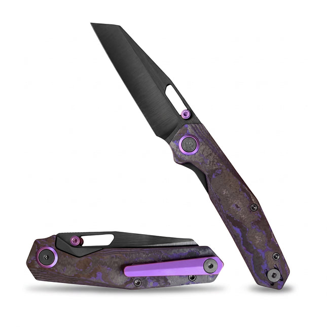 Razor Sharp AZ Divo Knives SmallBoy pocket knife with purple CamoCarbon handle, black S90V blade, and purple titanium accents.