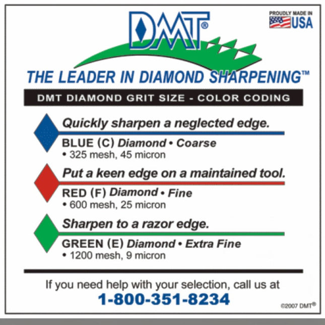 Razor Sharp AZ DMT diamond grit size color coding chart showing blue coarse, red fine, and green extra fine options.