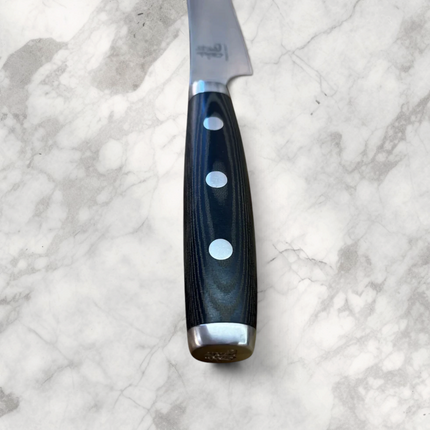 Razor Sharp AZ Dragon Classic 6-inch fillet knife with black micarta handle and stainless steel rivets on wood board