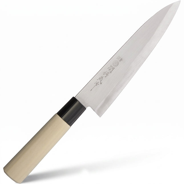 Razor Sharp AZ Due Cigni by Fox 7-inch Gyuto kitchen knife with a stainless steel blade and natural maple wood handle.
