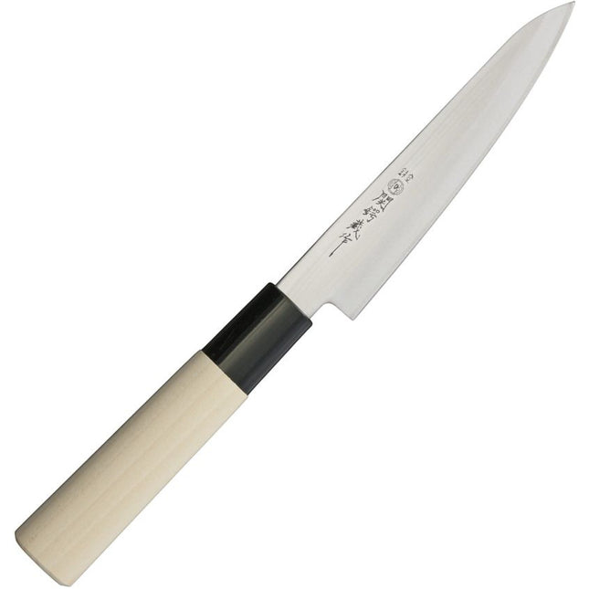 Razor Sharp AZ Due Cigni Petty 5 inch kitchen knife with a stainless steel blade and a light wood handle.
