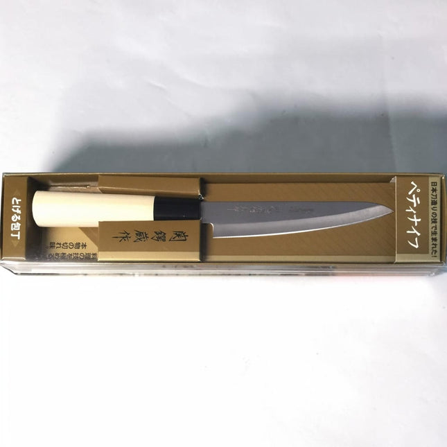 Razor Sharp AZ Due Cigni 5-inch petty kitchen knife with a stainless steel blade and light handle in retail packaging