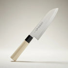 Razor Sharp AZ Due Cigni Santoku knife with a 6.75-inch stainless steel blade and a light maple wood handle.