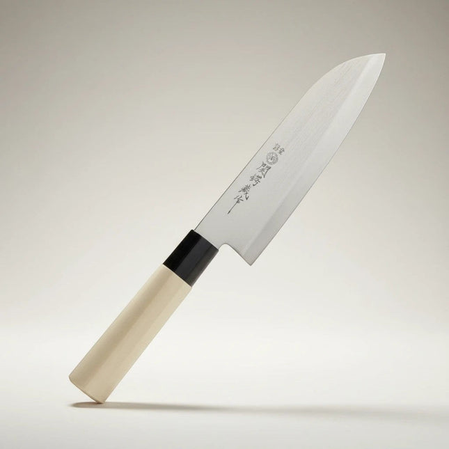 Razor Sharp AZ Due Cigni Santoku knife with a 6.75-inch stainless steel blade and a light maple wood handle.