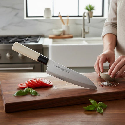 Razor Sharp AZ Due Cigni Santoku knife with a stainless steel blade and maple handle on a wooden cutting board