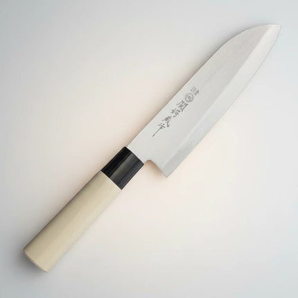 Razor Sharp AZ Due Cigni Santoku knife with a 6.75-inch stainless steel blade and a light maple wood handle.