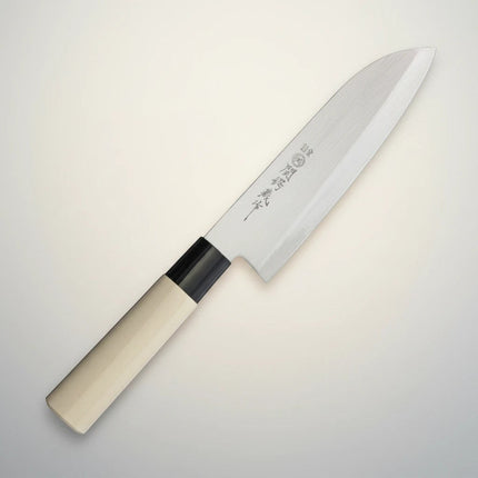 Razor Sharp AZ Due Cigni Santoku knife with a 6.75-inch stainless steel blade and a light maple wood handle