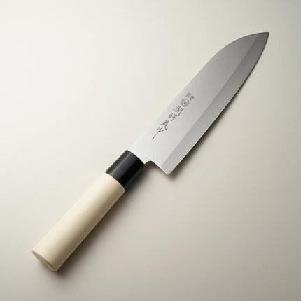 Razor Sharp AZ Due Cigni 6.75-inch Santoku knife with a stainless steel blade and a light maple wood handle.