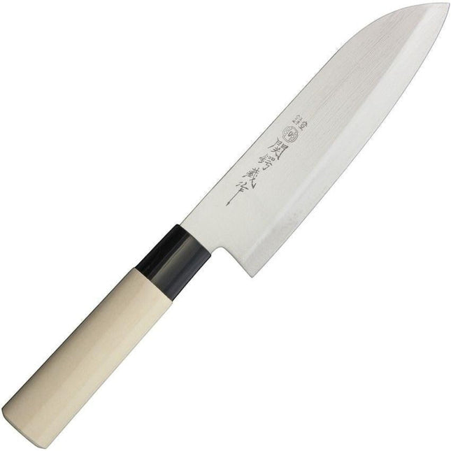 Razor Sharp AZ Due Cigni 6.75-inch stainless steel Santoku knife with a light maple wood handle