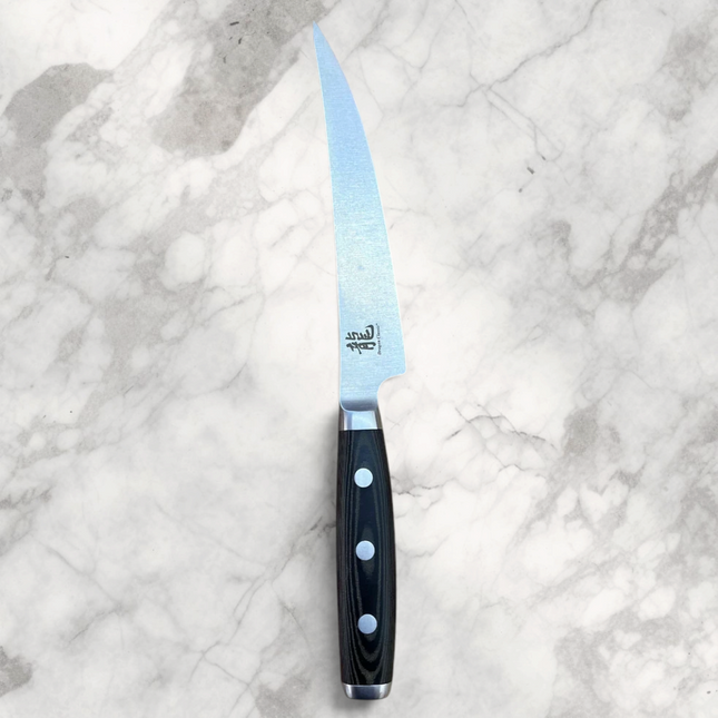 Razor Sharp AZ Perfect Edge Cutlery 6-inch fillet knife with satin CTS-BD1 steel blade and black Micarta handle.