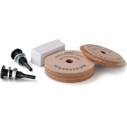 Razor Sharp AZ Flexcut leather power strop wheels with mounting arbors and honing compound for woodworking tools.