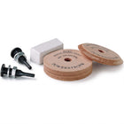 Razor Sharp AZ Flexcut leather power strop wheels with mounting arbors and honing compound for woodworking tools.