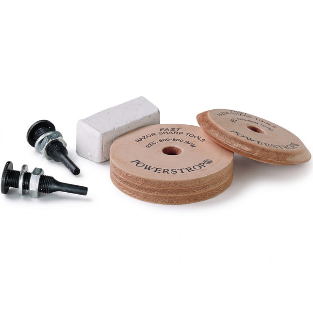 Razor Sharp AZ Flexcut leather power strop wheels with mounting arbors and honing compound for woodworking tools.