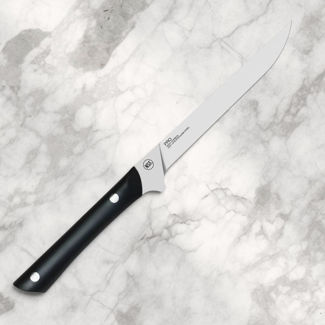 Razor Sharp AZ Kai Pro by Shun 6-inch flexible fillet knife with German stainless steel blade and black POM handle.