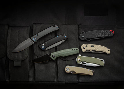 Razor Sharp AZ collection of folding knives in various colors including black, green, and tan, displayed on a black tactical background.